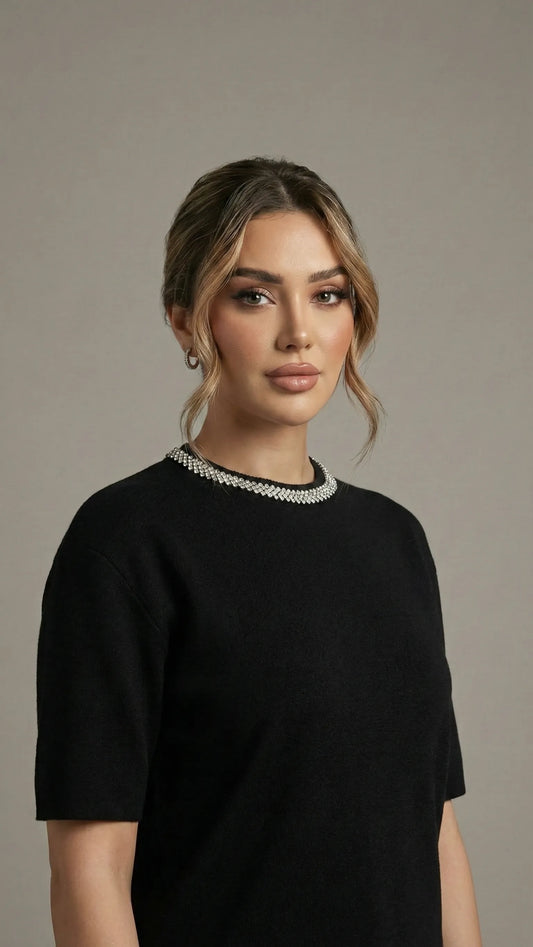 The Black Jeweled Collar Knit Top